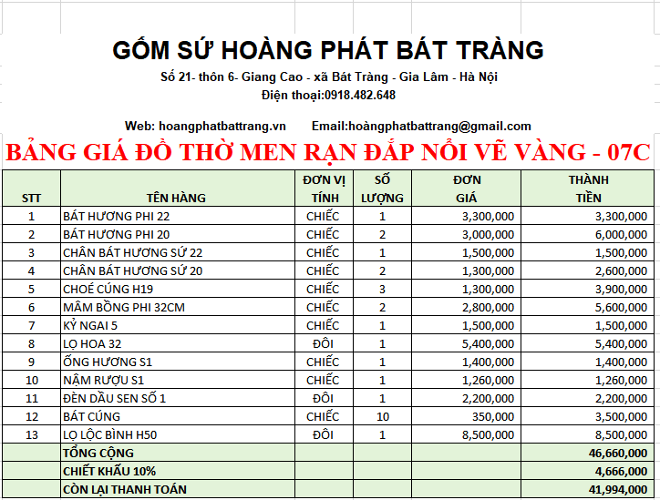 BỘ ĐỒ THỜ MEN RẠN ĐẮP NỔI VẼ VÀNG 07C