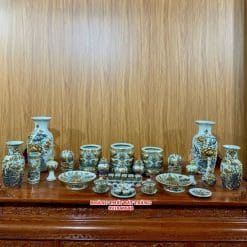 BỘ ĐỒ THỜ MEN RẠN ĐẮP NỔI VẼ VÀNG 08C