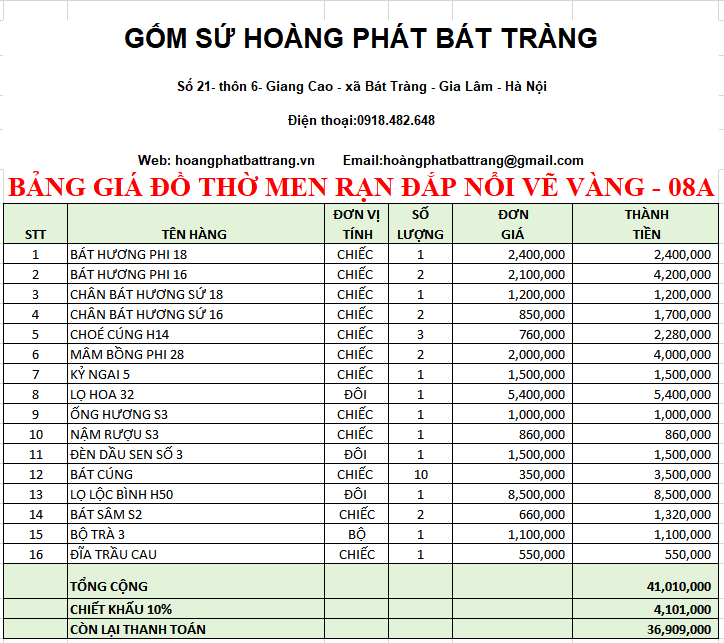 BỘ ĐỒ THỜ MEN RẠN ĐẮP NỔI VẼ VÀNG 08A