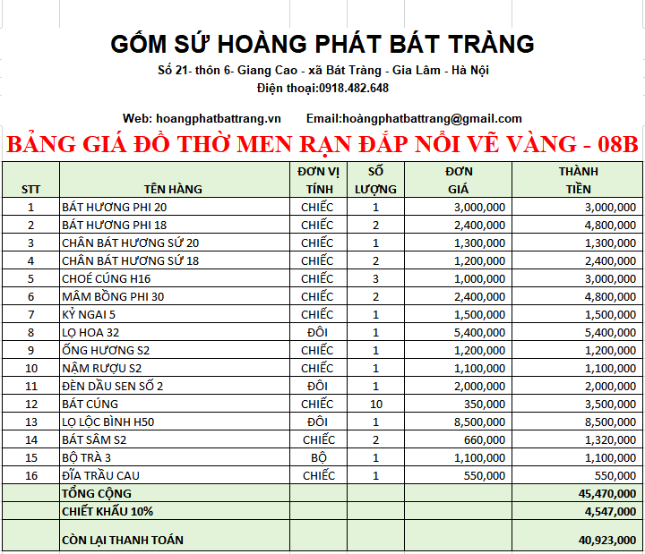 BỘ ĐỒ THỜ MEN RẠN ĐẮP NỔI VẼ VÀNG 08B