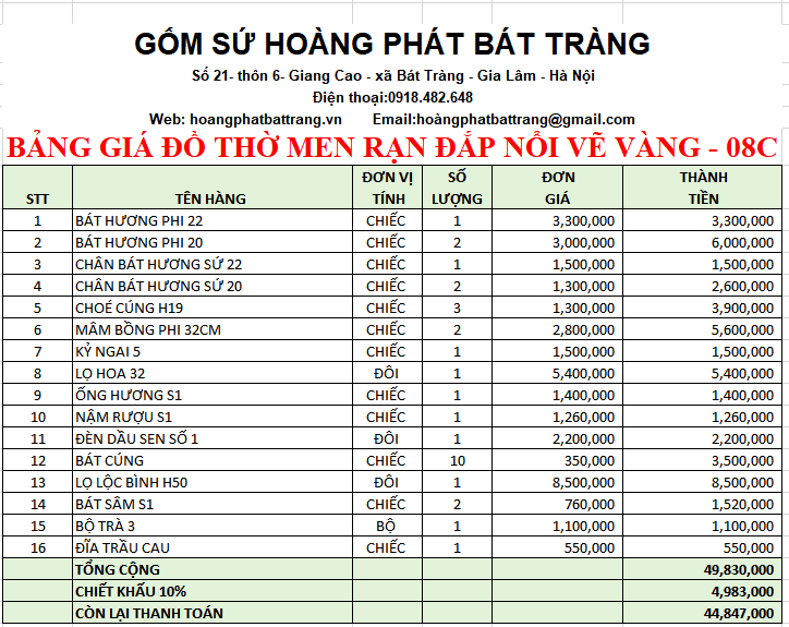 BỘ ĐỒ THỜ MEN RẠN ĐẮP NỔI VẼ VÀNG 08C