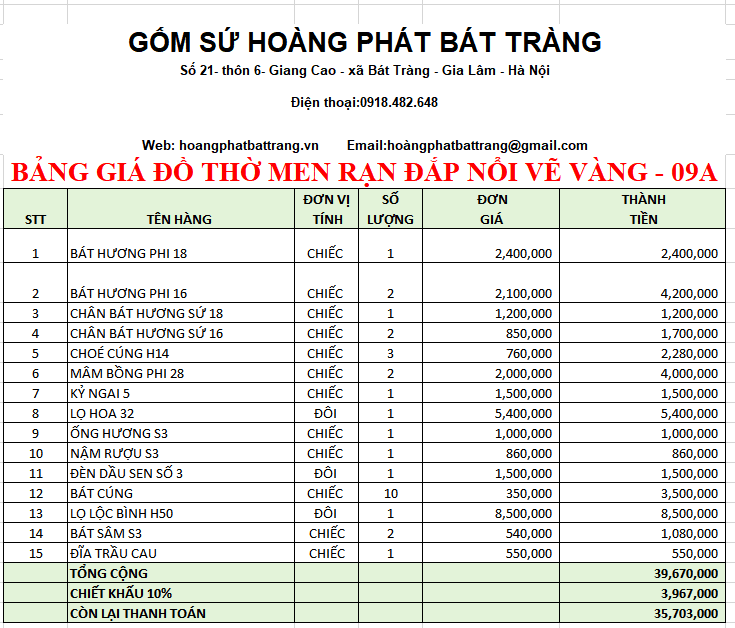 BỘ ĐỒ THỜ MEN RẠN ĐẮP NỔI VẼ VÀNG 09A