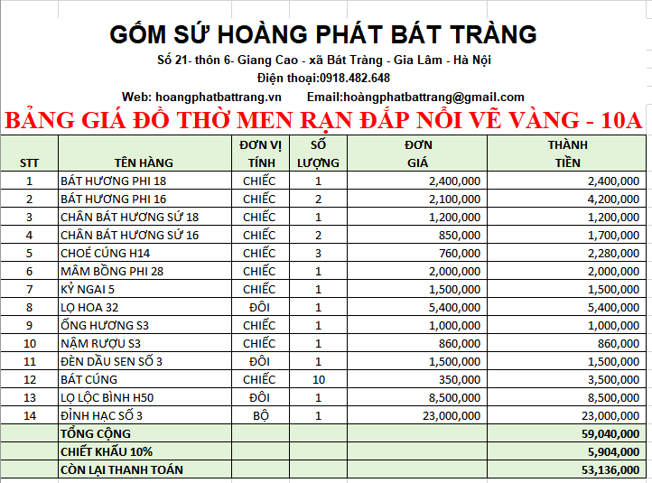 BỘ ĐỒ THỜ MEN RẠN ĐẮP NỔI VẼ VÀNG 10A