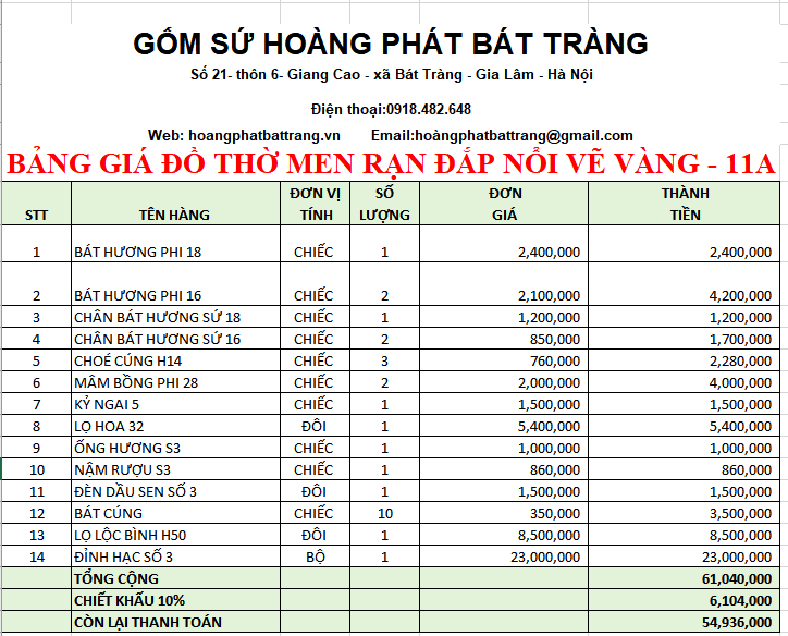 BỘ ĐỒ THỜ MEN RẠN ĐẮP NỔI VẼ VÀNG 11A