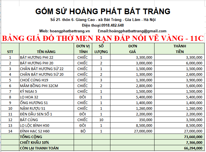 BỘ ĐỒ THỜ MEN RẠN ĐẮP NỔI VẼ VÀNG 11C
