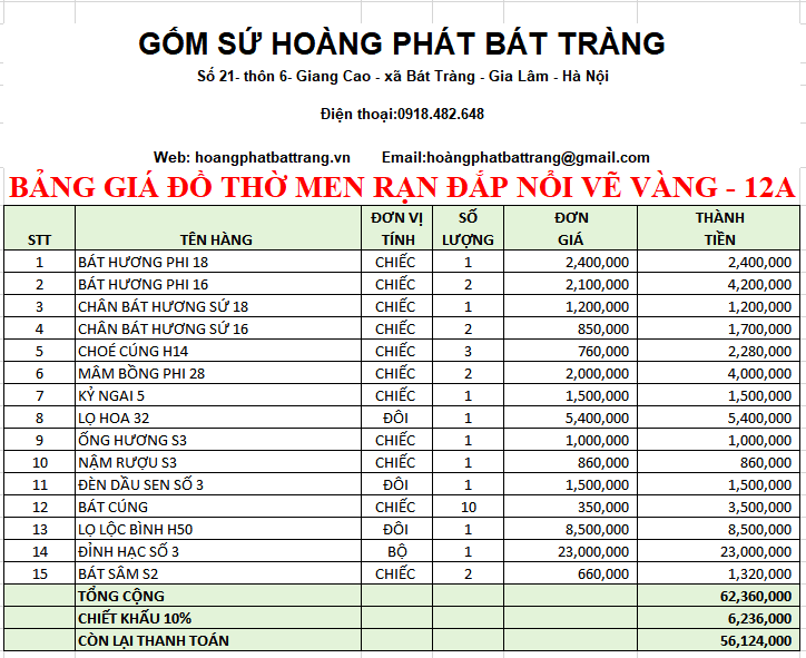 BẢNG GIÁ BỘ ĐỒ THỜ MEN RẠN ĐẮP NỔI VẼ VÀNG 12A