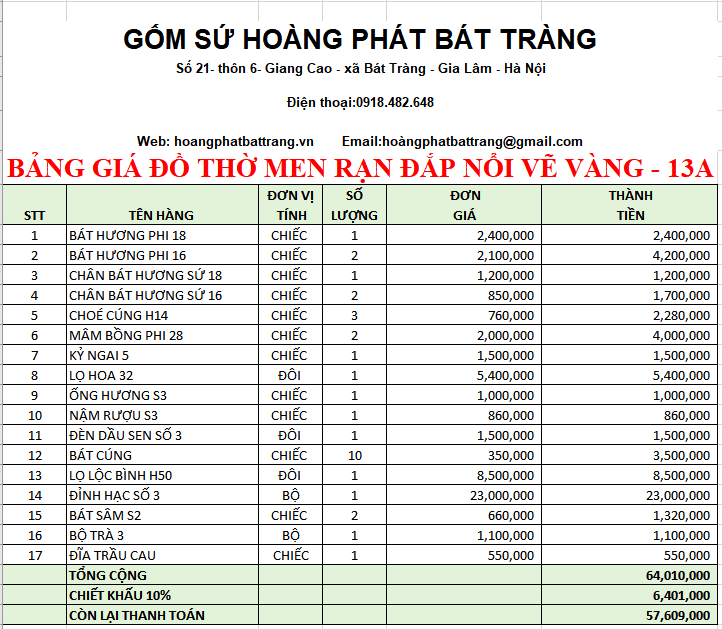 BỘ ĐỒ THỜ MEN RẠN ĐẮP NỔI VẼ VÀNG 13A