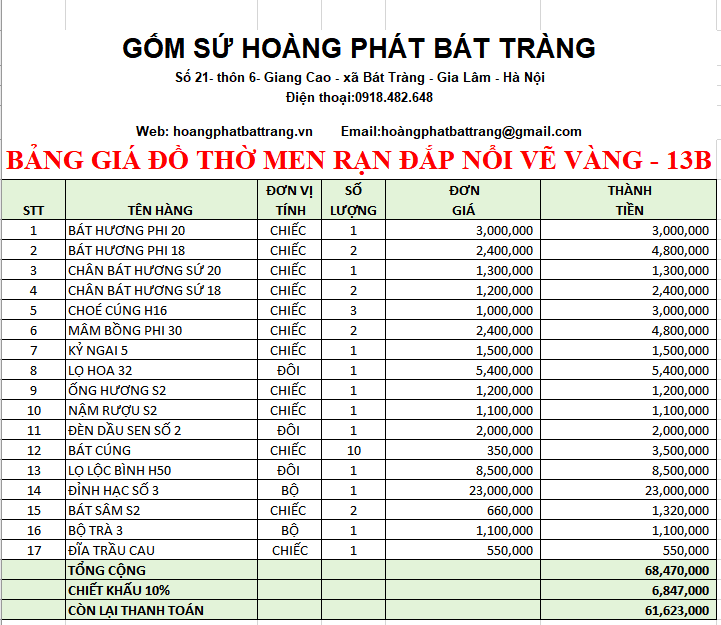 BỘ ĐỒ THỜ MEN RẠN ĐẮP NỔI VẼ VÀNG 13B