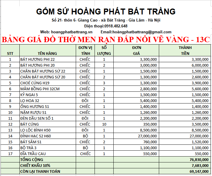 BỘ ĐỒ THỜ MEN RẠN ĐẮP NỔI VẼ VÀNG 13C