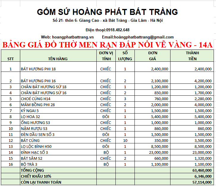 BỘ ĐỒ THỜ MEN RẠN ĐẮP NỔI VẼ VÀNG 14A