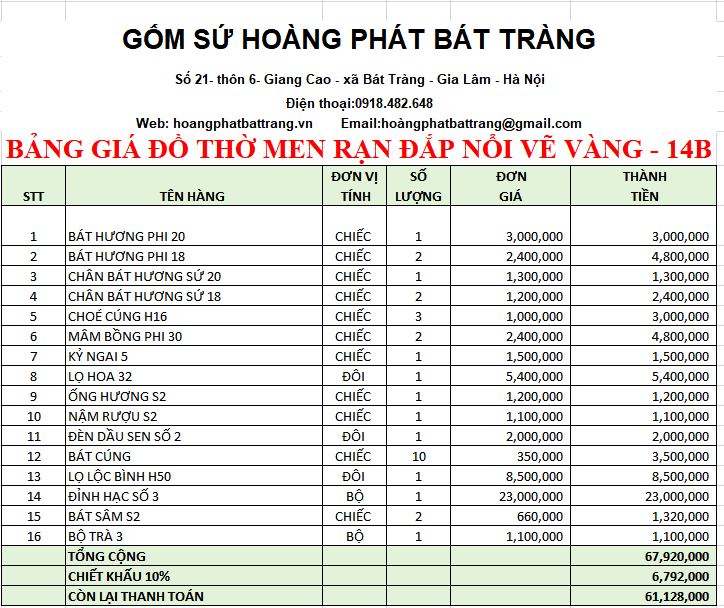 BỘ ĐỒ THỜ MEN RẠN ĐẮP NỔI VẼ VÀNG 14B