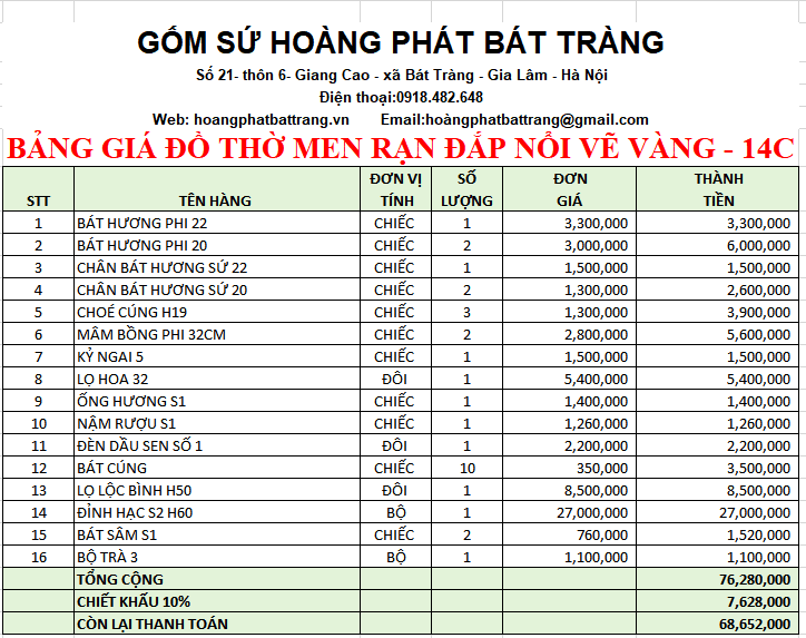 BỘ ĐỒ THỜ MEN RẠN ĐẮP NỔI VẼ VÀNG 14C