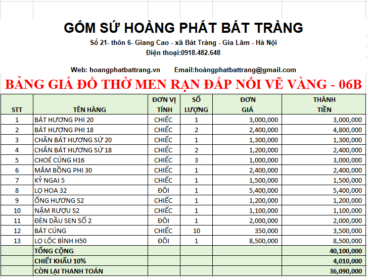 BỘ ĐỒ THỜ MEN RẠN ĐẮP NỔI VẼ VÀNG 06B