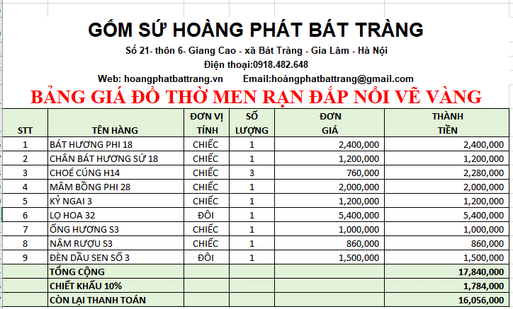 BỘ ĐỒ THỜ MEN RẠN ĐẮP NỔI VẼ VÀNG BAN THẦN TÀI BDTTT03