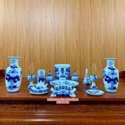 Alternative view of Bộ đồ thờ men lam Bát Tràng ban thần tài BTT01