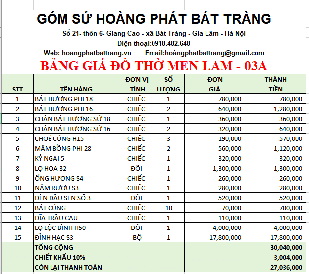 Bộ đồ thờ men lam Bát Tràng 3A