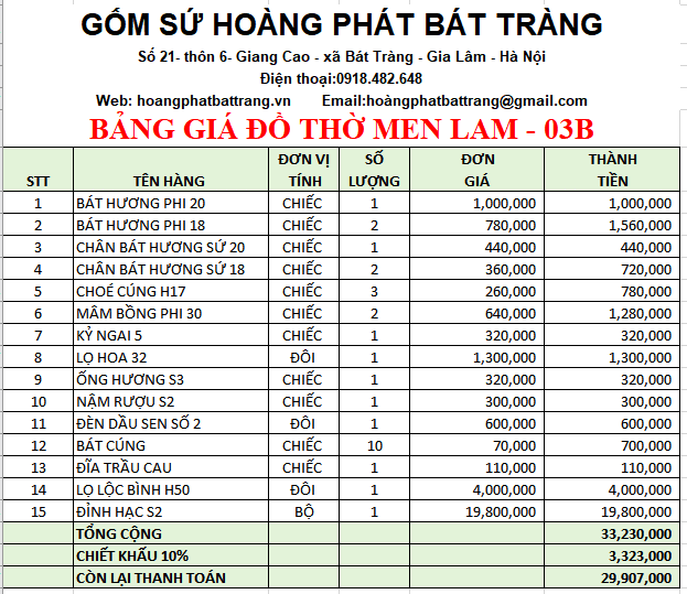Bộ đồ thờ men lam 03B