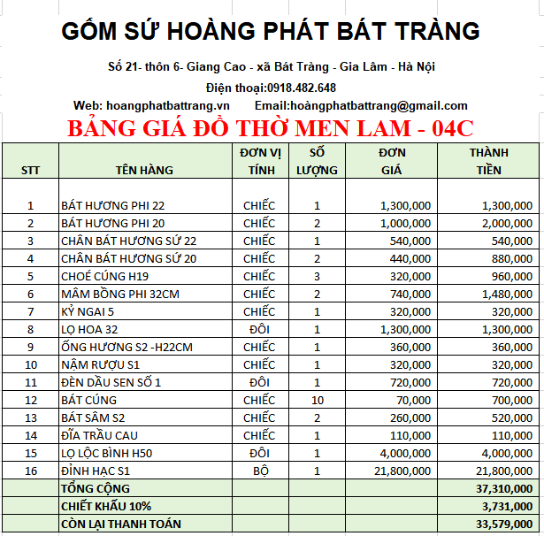 Bộ đồ thờ men lam Bát Tràng 04C