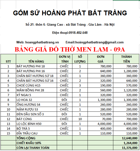 Bộ đồ thờ men lam Bát Tràng 09A