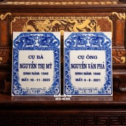 Bia mộ gốm sứ Bát Tràng Trắng Xanh