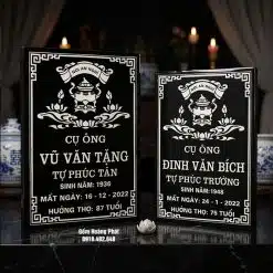 Bia mộ gốm Bát Tràng đẹp, nền đen, chữ trắng, không có ảnh