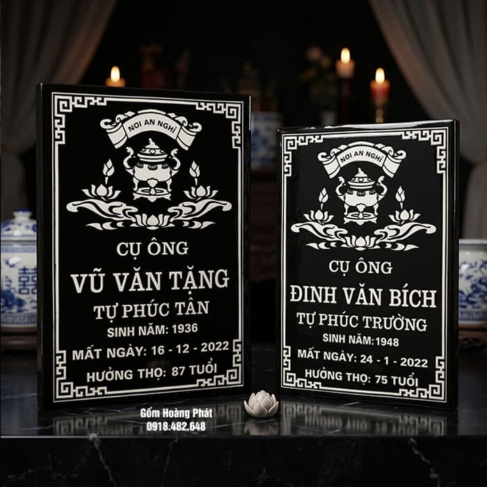 Bia mộ gốm Bát Tràng đẹp, nền đen, chữ trắng, không có ảnh