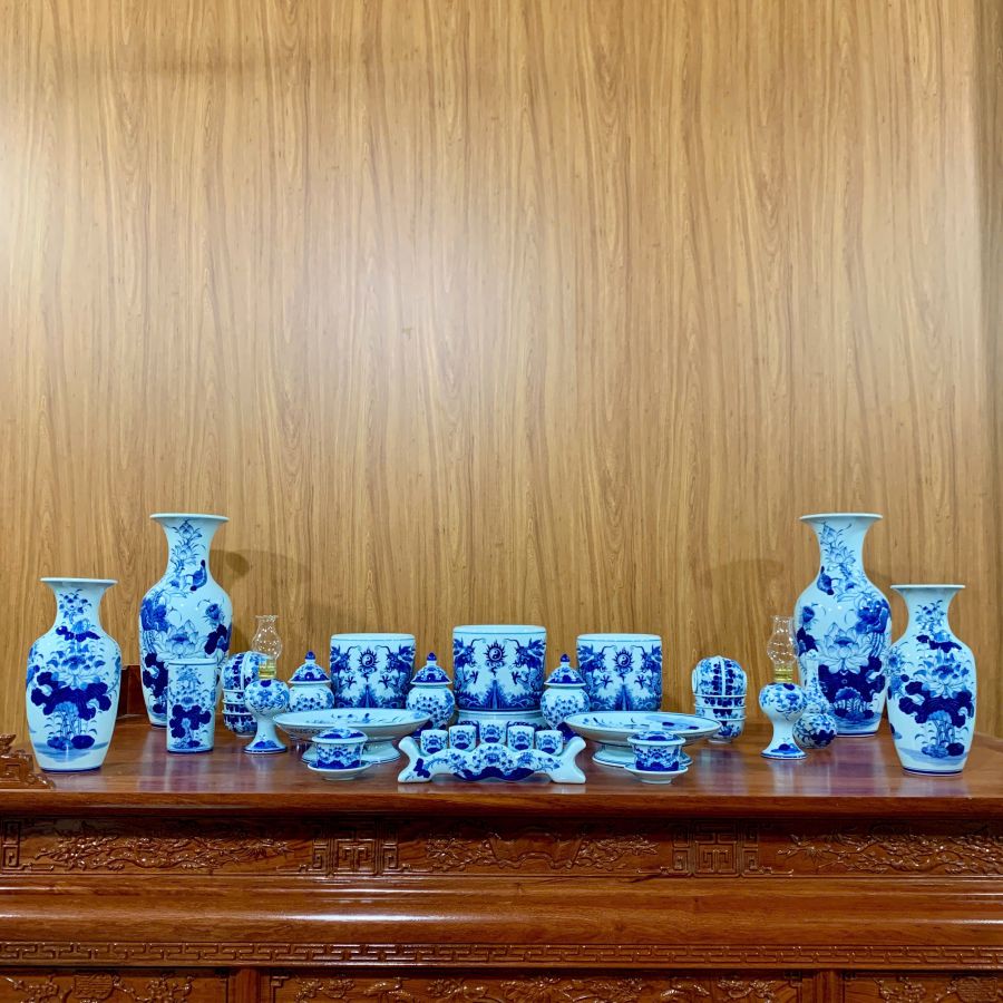 Bộ đồ Thờ Men Lam Bát Tràng 07C