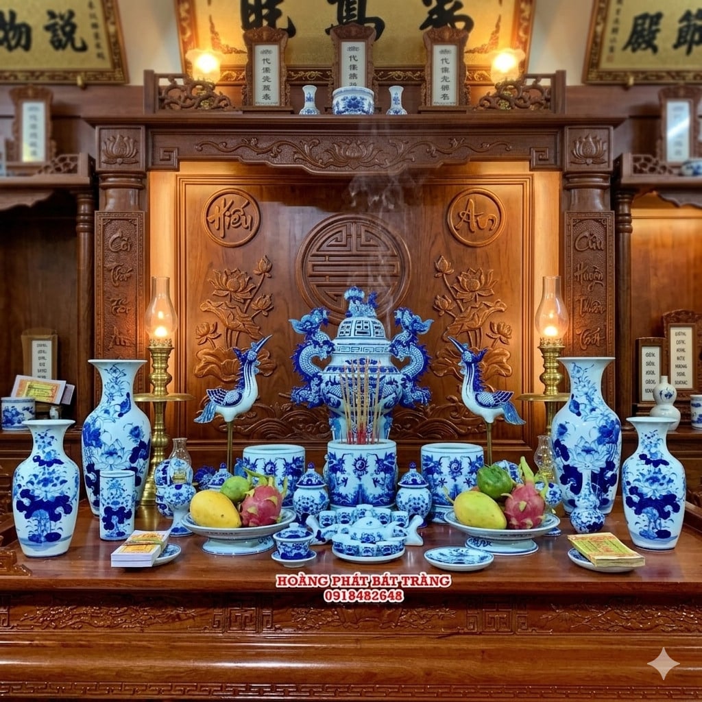 Bộ đồ thờ men lam Bát Tràng cho ban thờ gia tiên