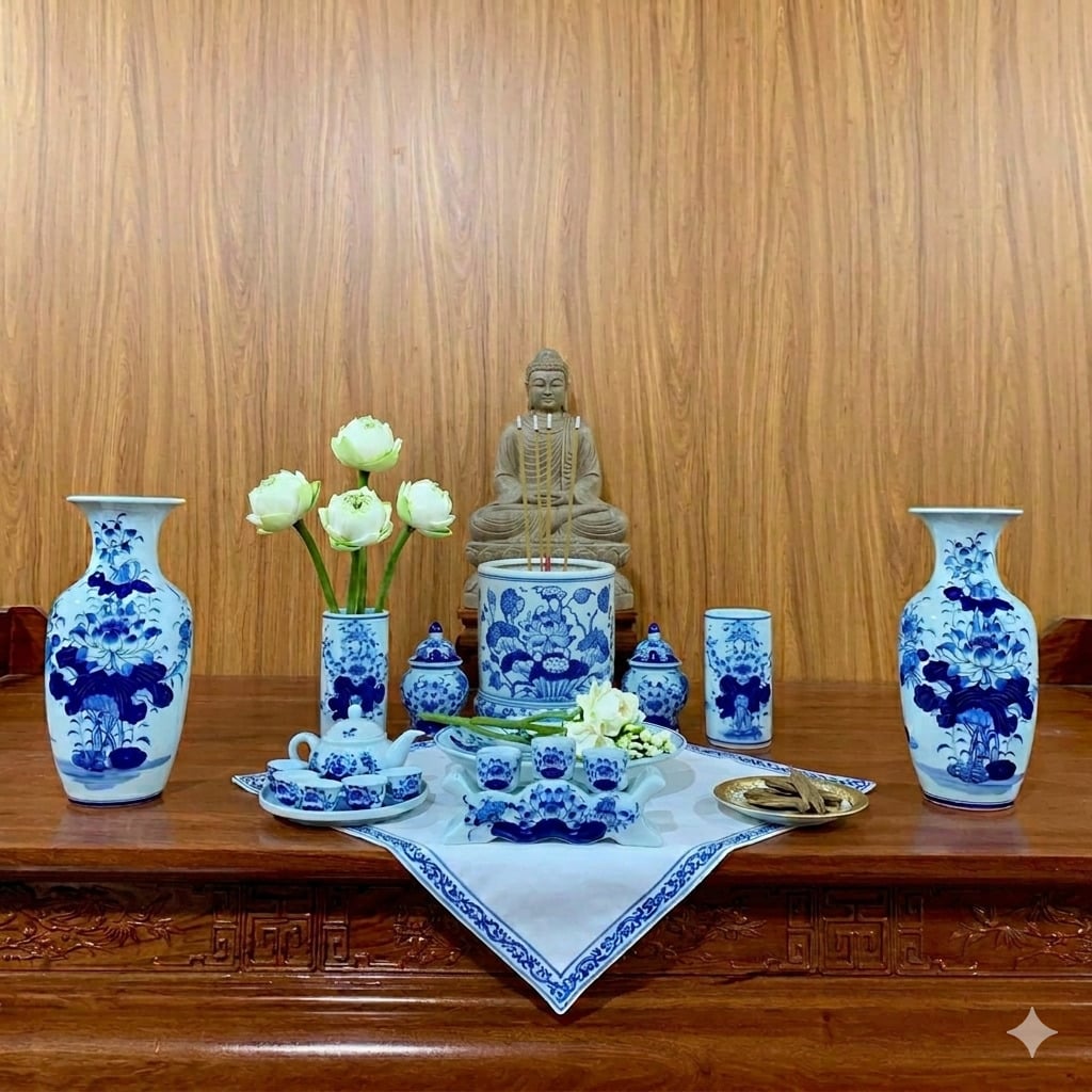 Bộ đồ thờ ban thờ Phật men lam cao cấp