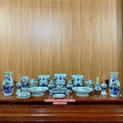 BỘ ĐỒ THỜ MEN LAM VẼ VÀNG BÁT TRÀNG 10C