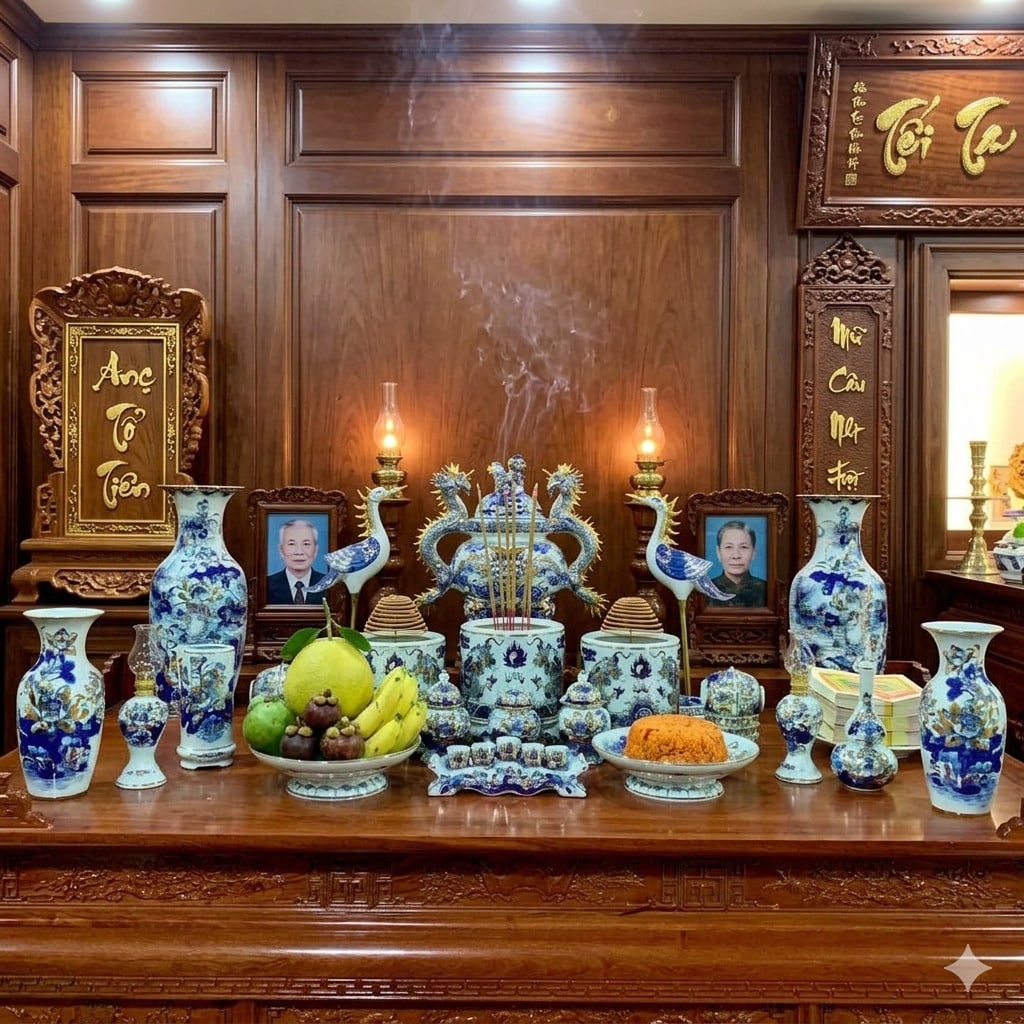 Bộ đồ thờ gia tiên men lam vẽ vàng cao cấp