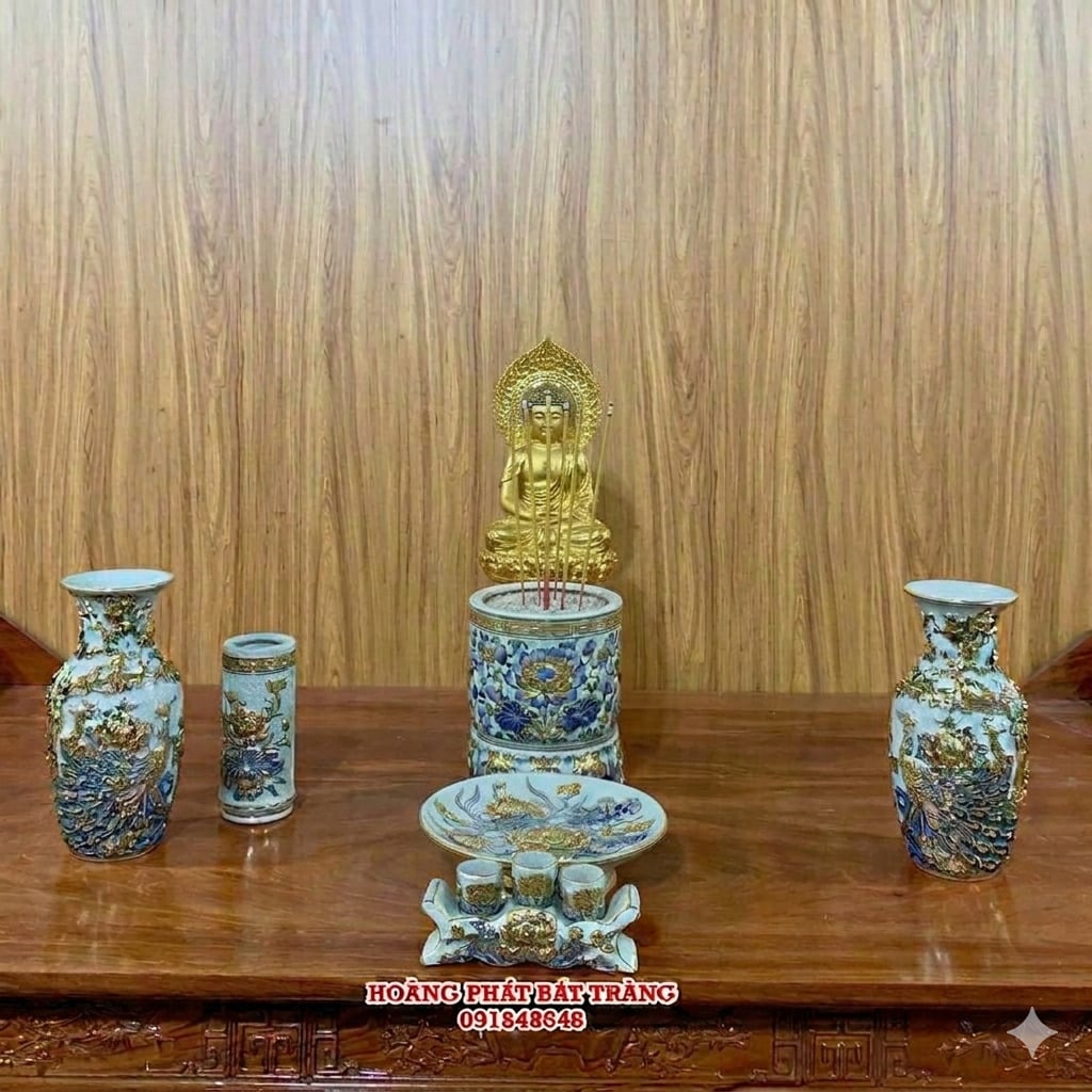 Bộ đồ thờ ban thờ Phật men rạn đắp nổi vẽ vàng