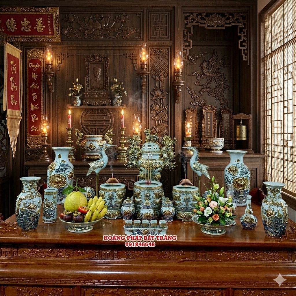 Bộ đồ thờ gia tiên đầy đủ men rạn đắp nổi vẽ vàng