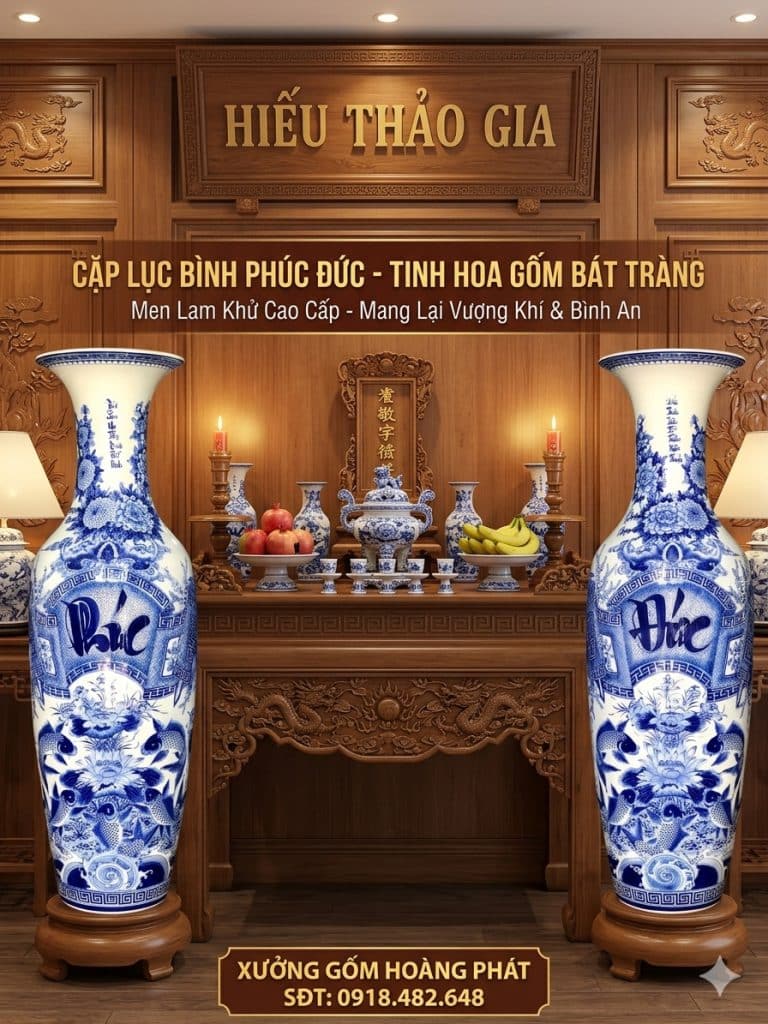 Lục bình sứ Phúc đức men lam khử