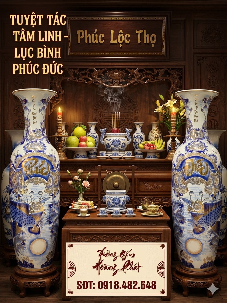 Lục bình sứ Phú đức men lam vẽ vàng 24k