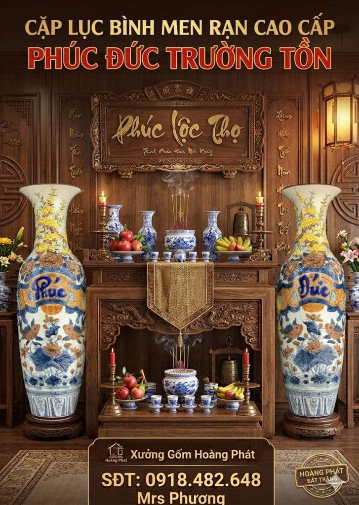 Lục bình sứ Phúc Đức men rạn đắp nổi