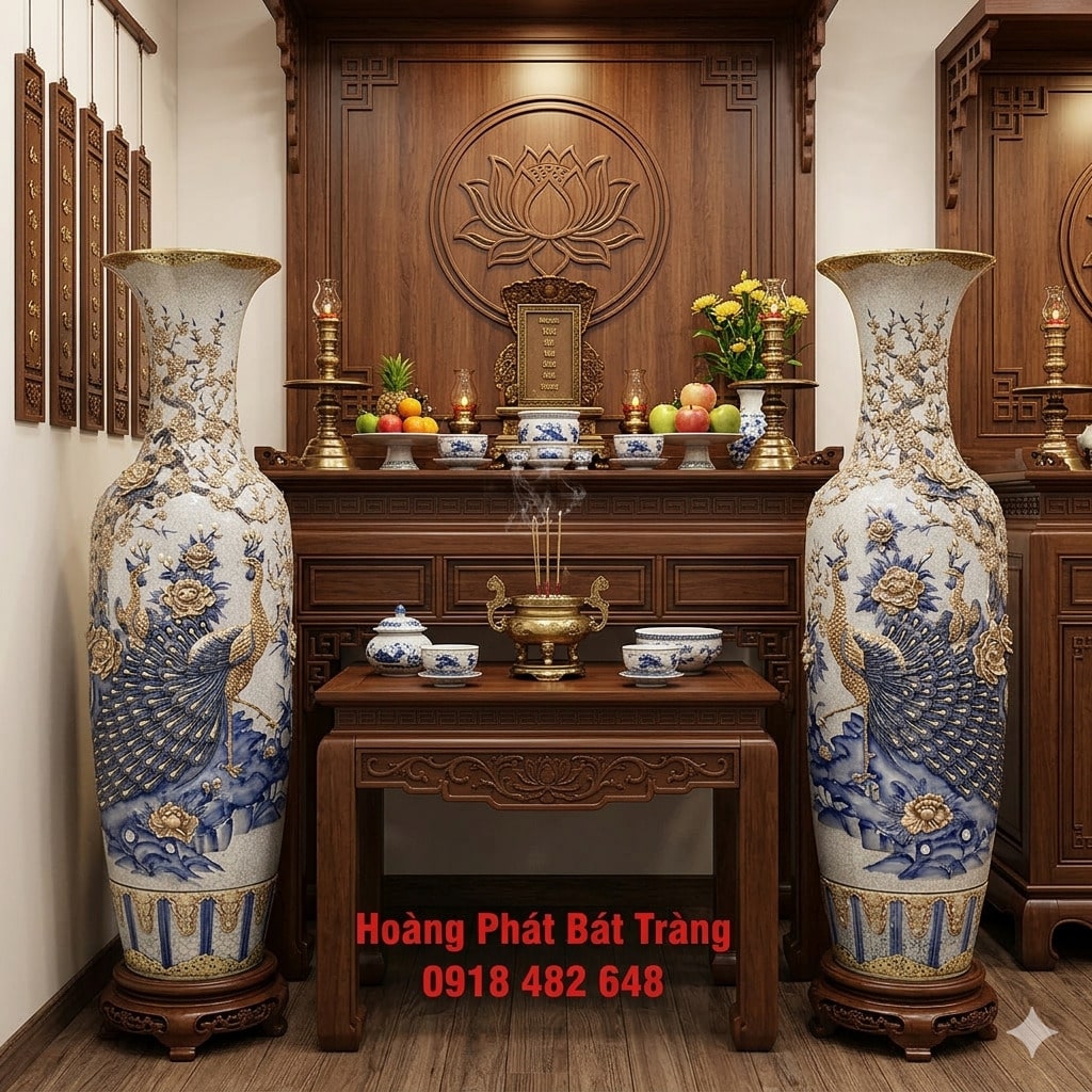 Lục bình sứ công danh phú quý men rạn đắp nổi kỹ