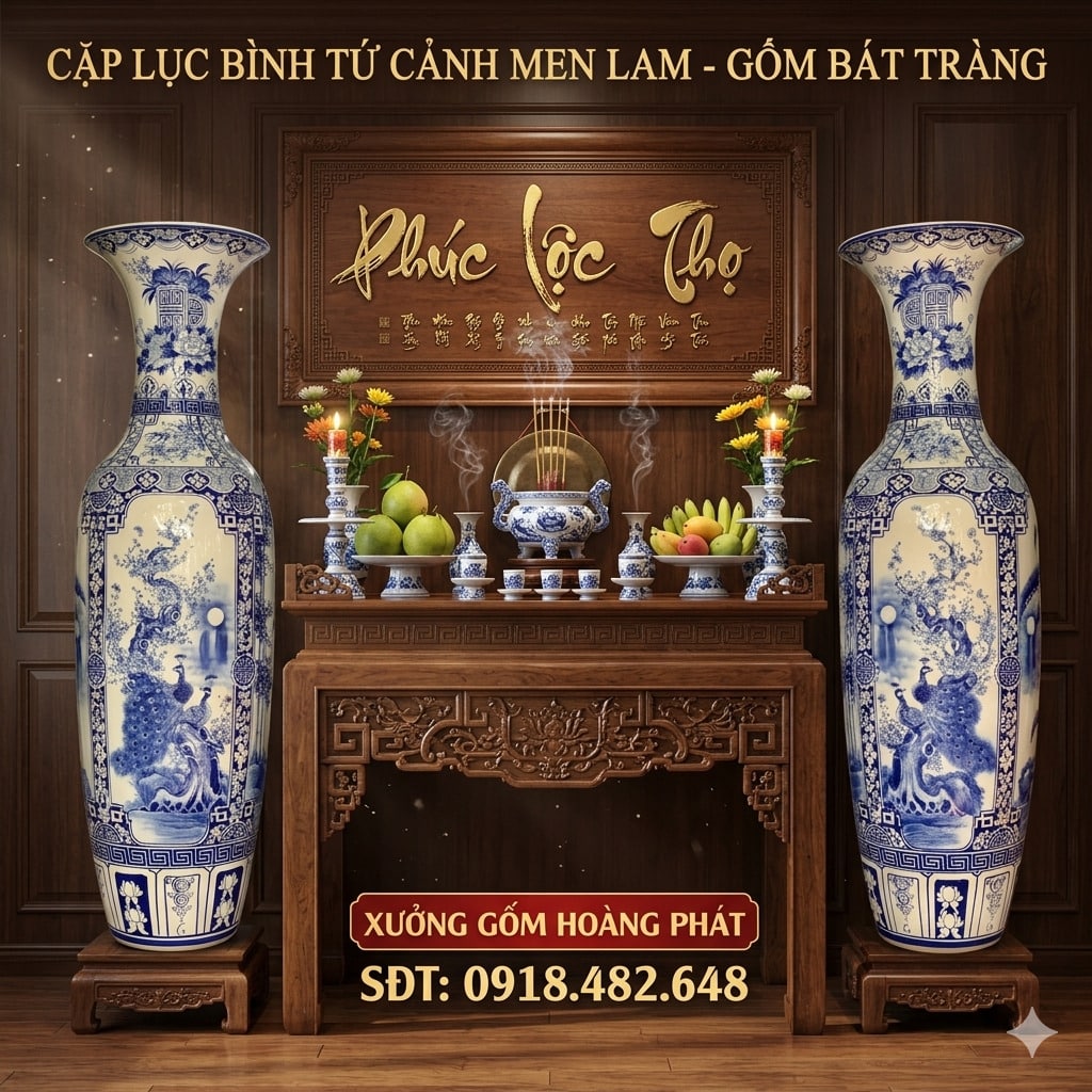 Lục bình sứ tứ quý men lam Bát Tràng