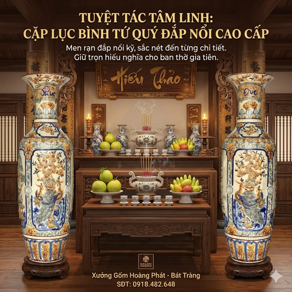 Lục bình sứ tứ quý men rạn đắp nổi