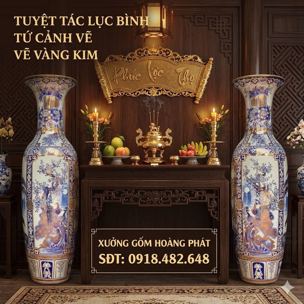 Lục bình sứ tứ quý men lam vẽ vàng cao cấp
