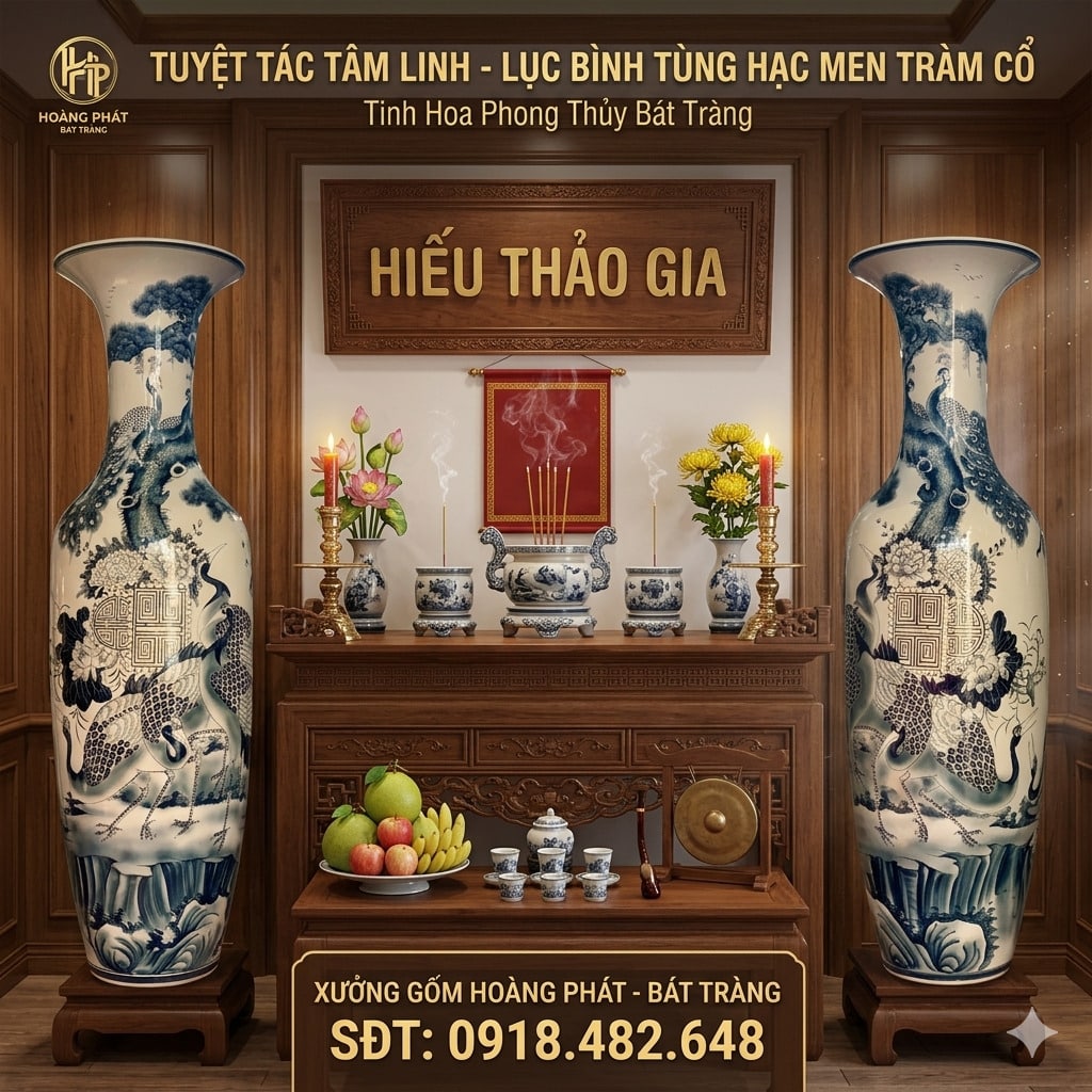Lục bình sứ Tùng Hạc men tràm cổ