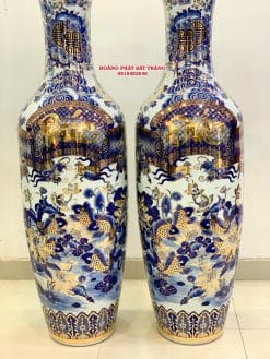 Lục bình sứ Phúc Đức chữ Thọ men lam khử vẽ vàng 24k
