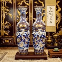 Lục bình sứ Phúc Đức chữ Thọ men lam khử vẽ vàng 24k