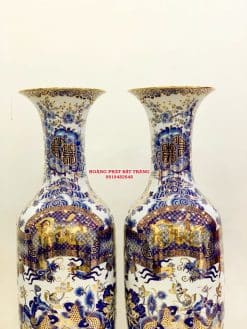 Lục bình sứ Phúc Đức chữ Thọ men lam khử vẽ vàng 24k