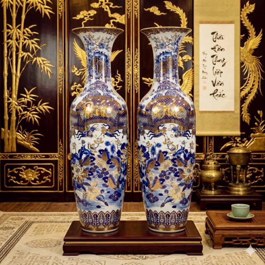 Lục bình sứ Phúc Đức chữ Thọ men lam khử vẽ vàng 24k