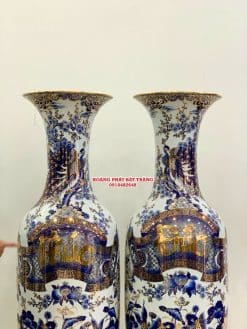 Lục bình sứ Phúc Đức chim công men lam khử vẽ vàng 24k