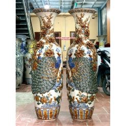 Lục bình sứ công danh phú quý men rạn đắp nổi kỹ