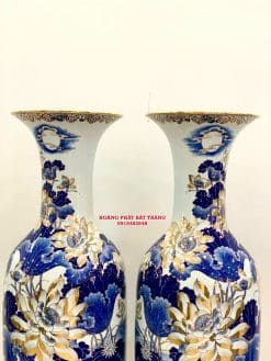 Lục bình sứ hoa sen men lam khử vẽ vàng 24k