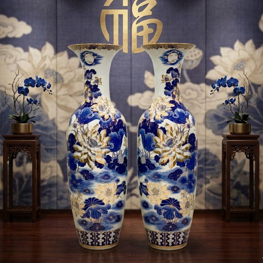Lục bình sứ hoa sen men lam khử vẽ vàng 24k
