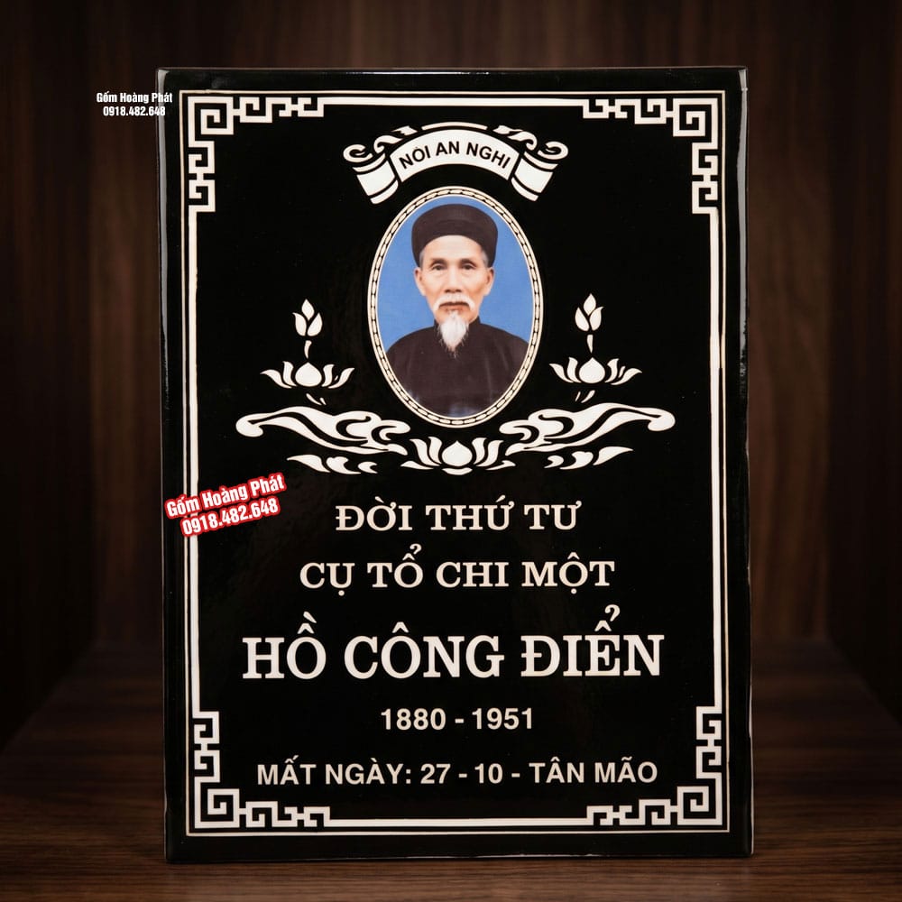 Bia mộ sứ cụ ông có ảnh nền đen, chữ trắng